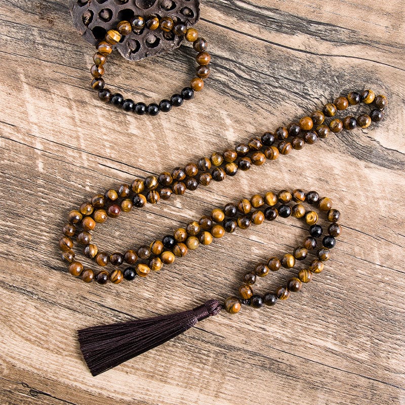 Yellow Tiger Eyes Black Onyx Mala Rudraksha Beads Necklace Bracelet Set Japamala